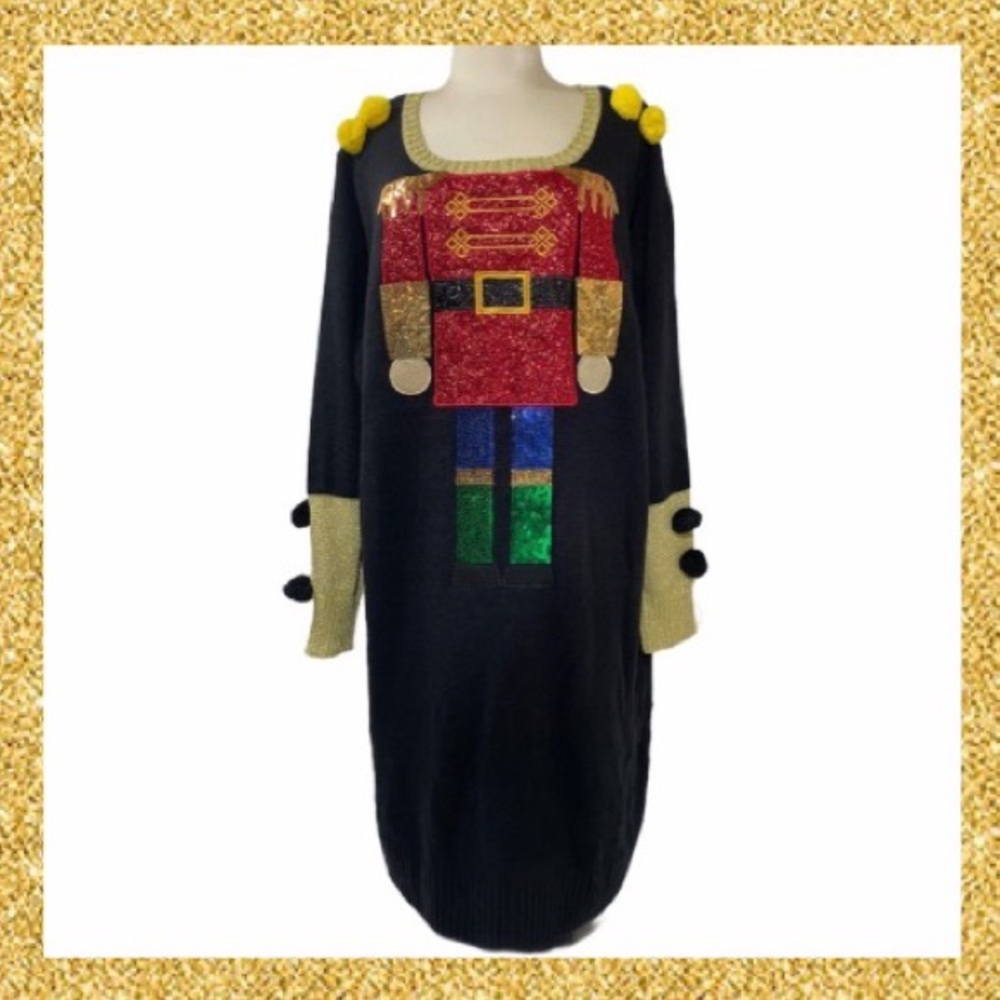Christmas Dress Luxury Holiday Sweater Dress Nutcrackers Ornaments Sequins Gold